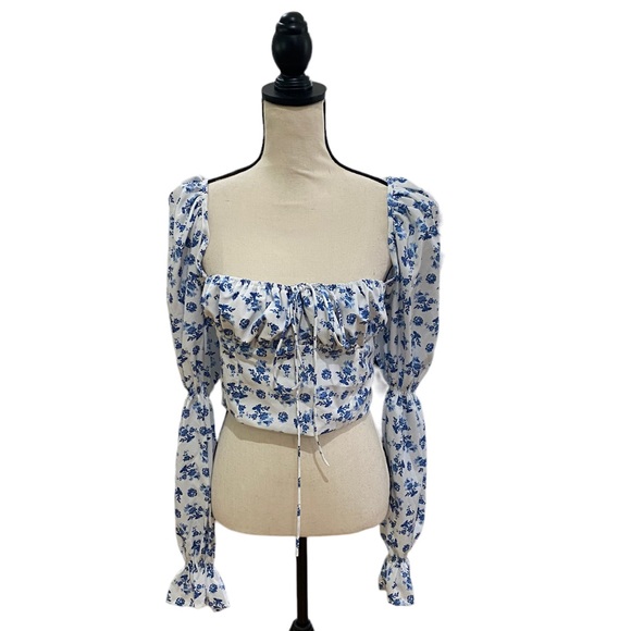 Tops - Floral Print Gigot Sleeve Sweetheart Top